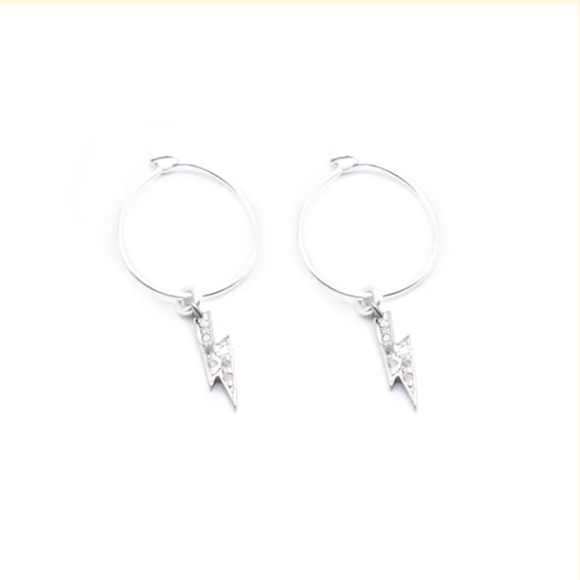 Earring Hoop w/ Pave Diamond Lighting Bolt Pendant Sterling Silver by Jungle Via - Picture 2 of 3